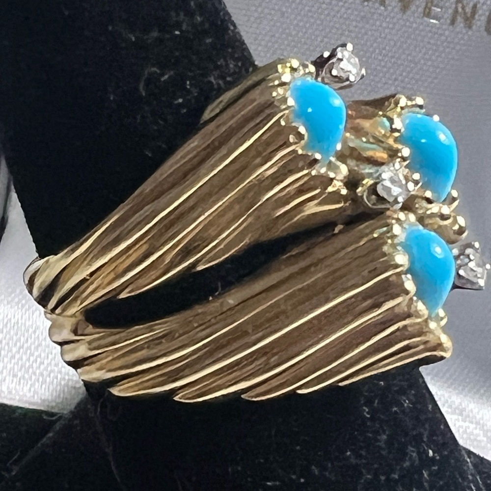 Art Nouveau 14k Yellow Gold, Diamonds 
Turquoise Ring💛🩵💎 - Picture 3 of 17